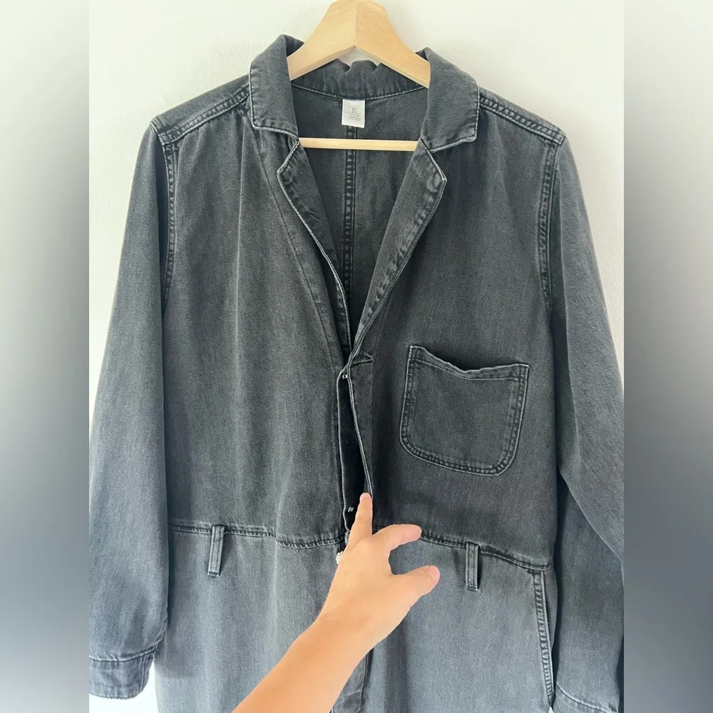 &Denim Washed Black Grey Long Sleeve Button Front Relaxed Fit Denim Jumpsuit - Picture 3 of 11
